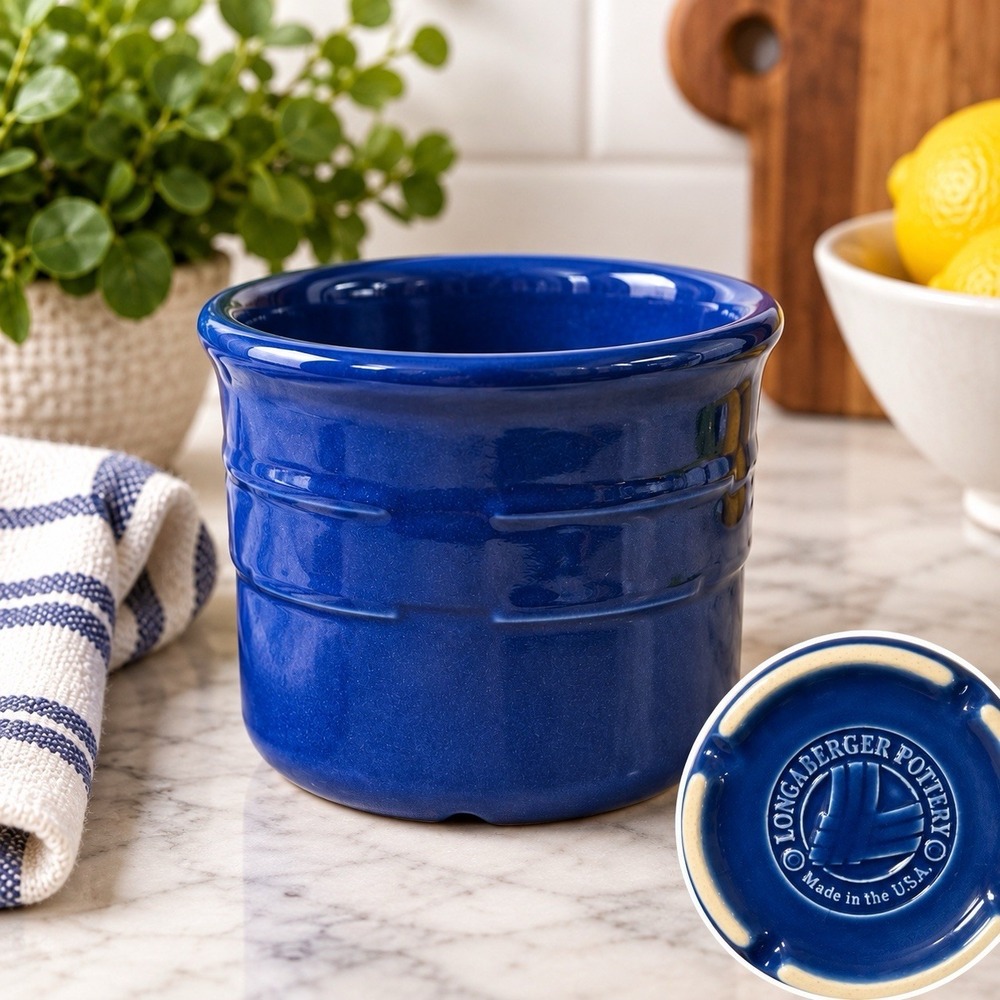 Longaberger Pottery Cobalt Blue Crock Ramekin Bowl Made in USA 4"